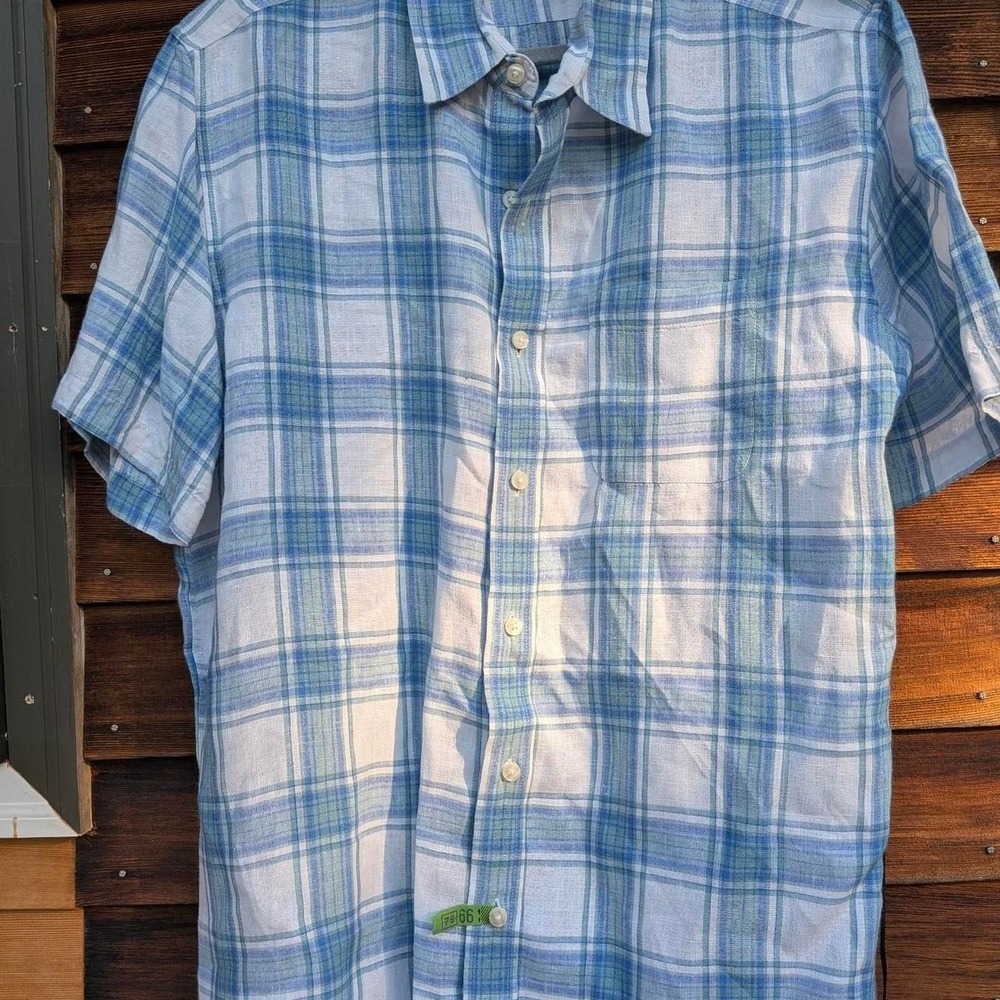 L.L. BEAN Linen Plaid Button Down large Summer Shirt